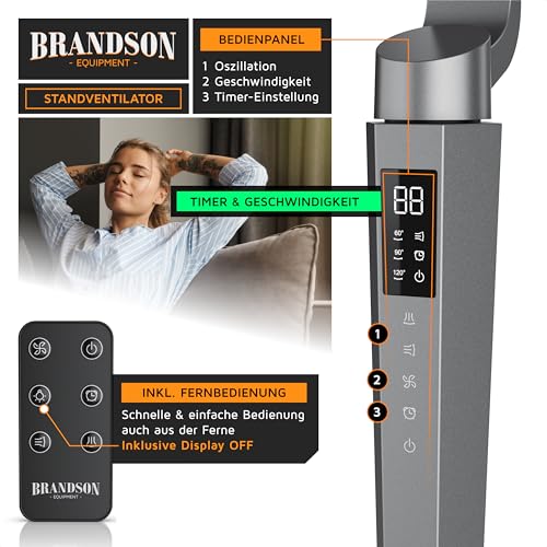 Brandson - 3D Standventilator mit DC Motor – ECO Design sehr leise – Sieger Ventilatoren und Luftkühler 2026-60% Energieeinsparung – 24 Geschwindigkeiten – horizontale und vertikale Oszillation