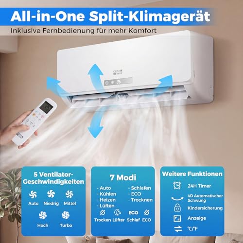 COSTWAY Klimaanlage Split 18000 BTU, 3,4kW Inverter Klimagerät leise mit Heizfunktion, WiFi & App & R32 Kältemittel, Klimasplittgeräte inkl. Montagematerial, Air Conditioner