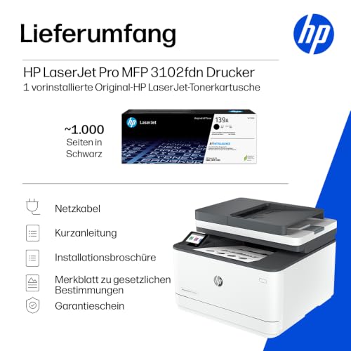 HP LaserJet Pro MFP 3102fdn Laserdrucker Schwarz-Weiß, Multifunktions-Laserdrucker, Automatischer Duplex, Hohe Druckgeschwindigkeiten, Ethernet, USB Hi-Speed, Fax, App, Wolf Pro Security