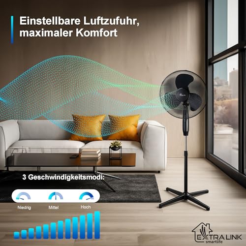 EXTRALINK Standventilator 40 cm – Leiser Bodenventilator 3 Geschwindigkeiten, Oszillation, Neigungsverstellung & 3 Rotorblättern – Kompakter Ventilator für Schlafzimmer, Büro & Zuhause – 45W Schwarz