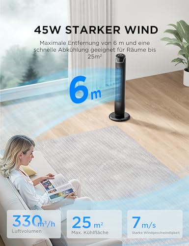 Midea Turmventilator FZ10-17JR, 92cm, mit Fernbedienung, Schwarz | 3 Modi, 3 Geschwindigkeiten, 7h Timer, 45W, Leise, fuer Schlafzimmer & Wohnzimmer