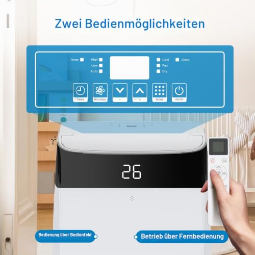 GarveeTech Tragbare Klimaanlage 12000 BTU, 4-in-1 Mobile Klimaanlage Ohne Außengerät Mit Kühlung/Entfeuchtung/Ventilation/Luftführung, Leiser Betrieb, Energieklasse A