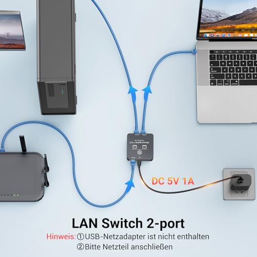 KiWiBiRD LAN Splitter 1 auf 2, LAN Switch 2 Port, LAN Verteiler 1 auf 2 | Ethernet Splitter Gigabit Switch RJ45 1000Mbps für Cat 8 7 6 5 5e, Kompatibel mit Router TV Box PC Laptop PS5