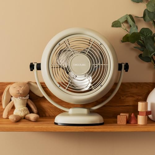 Cecotec Tischventilator EnergySilence 800 RetroDesk Beige, 20 W | 20 cm Durchmesser, 3 Aerodynamikflügel, neigbar, 2 Geschwindigkeiten, Retro-Design