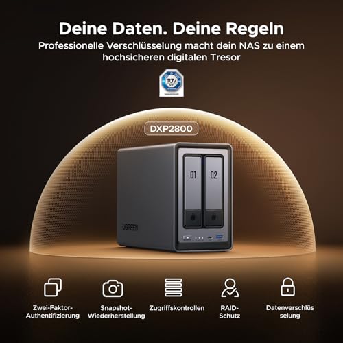 UGREEN NASync DXP2800 2 Bay NAS mit Cat8-Kabe (ohne HDD) | Intel Quad-Core N100, 2,5 GbE, 8 GB DDR5 bis 16 GB, 2x M.2 NVMe-Steckplätze, 4K HDMI; Unterstützung Docker, VMs und AI-Foto
