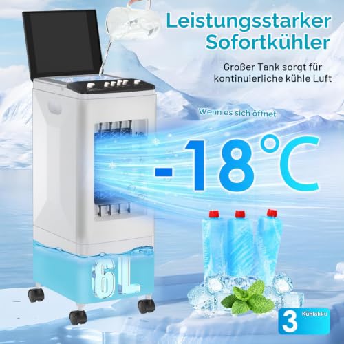 Mobile Klimaanlage ohne Abluftschlauch, 4-in-1 Luftkühler mit 6L Wassertank & 3 Kühlakkus, leiser Ventilator mit 35dB, energiesparendes Klimagerät für Zuhause, Büro, Schlafzimmer & Haustiere