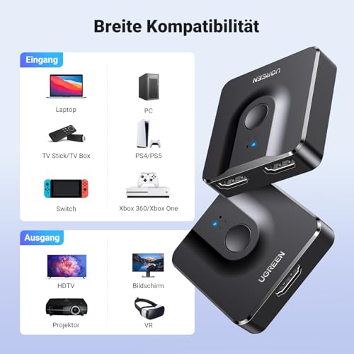 UGREEN HDMI Switch 4K@60Hz Bidirektional HDMI Splitter 1 In 2/ 2 In 1 | HDCP2.2/HDR10+/CEC; Bidirektional HDMI Splitter 1 in 2 Out/2 in 1 Out für PS5, Xbox, Switch, Monitor, PC usw
