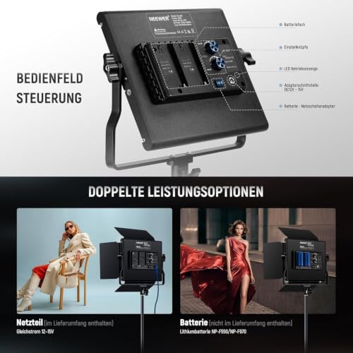 NEEWER NL660 2er Pack LED Videoleuchte mit Stativ, Bi Farbe | (2) 3200-5600K CRI96+ dimmbare Panel mit U Halterung, Barndoors und 75" Stativen für Studio/Video