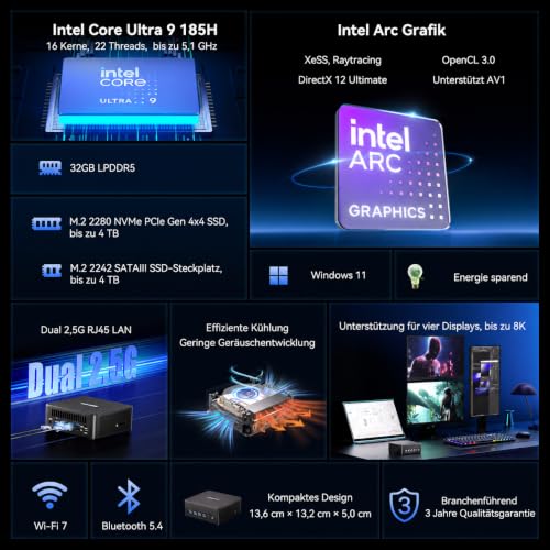 GEEKOM AI Mini PC IT13 Max, Intel Core Ultra 9 185H, 32GB LPDDR5 & 1TB SSD | Intel Arc Grafik, Dual 2,5G LAN, 2× USB4, Wi-Fi 7, 8K, 3 Jahre Garantie – KI-Workflows & Videobearbeitung