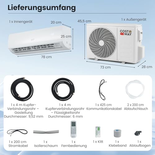 COSTWAY 9000BTU Split Klimaanlage, Klimageräte mit Heizfunktion 2,6kW, Air Conditioner Wandhalterung inkl. Kupferleitung, Kältemittel R32, sehr leise für Räume bis zu 42m³