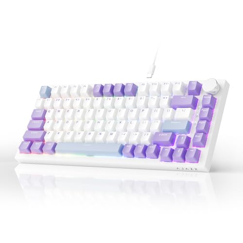 AJAZZ AK820 Wired Mechanical Keyboard, 75% Gaming Keyboard with Volume Control Knob, PBT Keycaps, 82 Keys, Five-Layer Sound Insulation Pad, South-Oriented RGB, Full-Key Hot Swap, Blue White Purple
