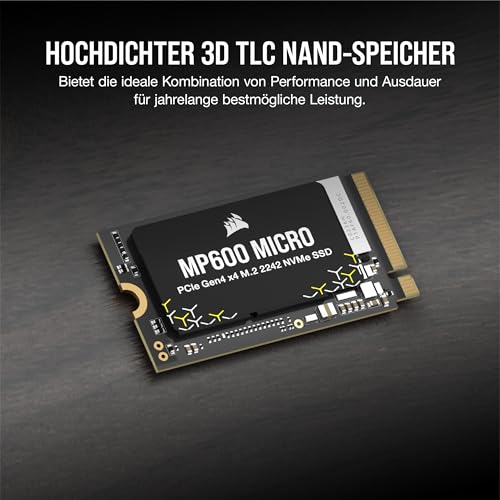 Corsair MP600 Micro 2TB M.2 NVMe PCIe x4 Gen4 SSD – M.2 2242 – Bis zu 7.000MB/Sek. Sequentielles Lesen – Hohe Dichte 3D TLC NAND – Kompatibel mit Lenovo Legion Go und Dünne Notebooks – Schwarz