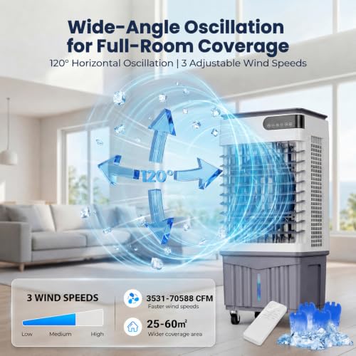 MIAOXIAOLONG 3531-70588 CFM Swamp Cooler, Tragbarer Verdunstungsluftkühler Mit 30L-60L Wassertank, 120° Oszillation, 3 Stufen, 12H Timer, Fernbedienung Für Garage, Terrasse, Große Räume 45L(40-50㎡)
