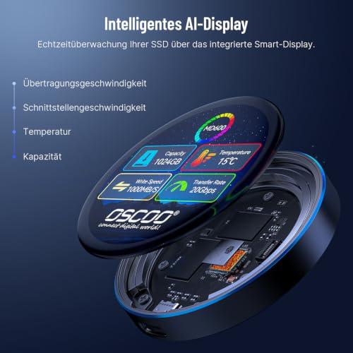 OSCOO 512GB Portable SSD, bis zu 2.000MB/s, Hardware Verschlüsselung | Smart‑Touchscreen USB‑C Tragbares Externes SSD, Festplatte kompatibel mit MagSafe, iPhone, Mac und Windows‑PC,Spielkonsolen