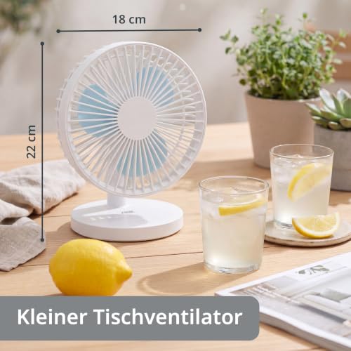 ADE Kleiner Ventilator sehr leise | USB Tischventilator 3 Stufen | Akku bis 7,5 h Laufzeit | 2.000 mAh | 90° Neigungswinkel | leicht und flexibel | weiß