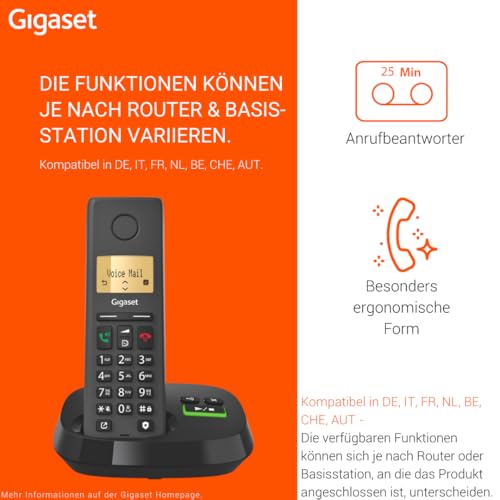Gigaset Pure 220A - Schnurloses DECT-Telefon mit Anrufbeantworter - mit Call-Block-Taste und Freisprechfunktion - 80 Kontakten, anthrazit schwarz [Kompatibel in DE, IT, FR, NL, BE, Che, AUT]