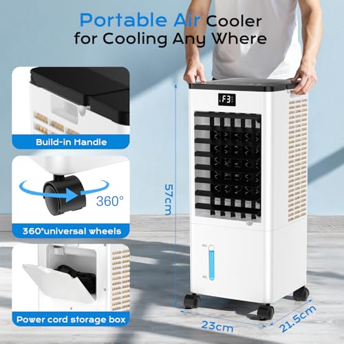 Klimaanlage Mobil Ohne Abluftschlauch, 4 IN 1 Verdunstungskühler Wassertank Leiser Luftkühler Schlafmodus 4 Modi 3 Geschwindigkeiten 60/120° Oszillation 1-12h Timer 4 Kühlakku für Zuhause Schlafzimmer