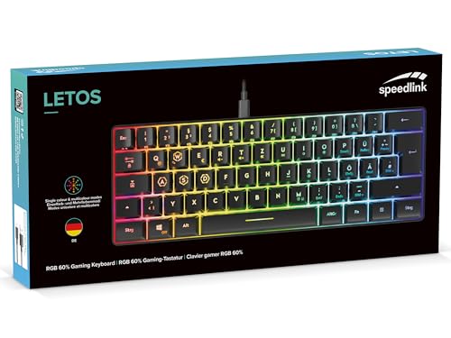 Speedlink Letos RGB Gaming Tastatur 60% mit Kabel abnehmbar, für PC & PS5 | N-Key Rollover Anti-Ghosting, verschiedene RGB-Beleuchtungsmodi, kabelgebunden, QWERTZ DE Layout, Keyboard schwarz