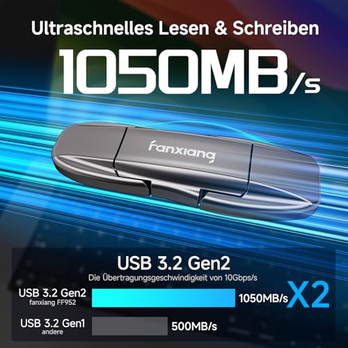 fanxiang 10X schnellere Externe SSD 512GB, bis zu 1050 MB/s, USB-C + USB-A