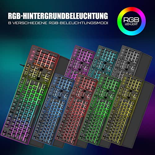 RedThunder K10 Gaming Tastatur und Maus Set, QWERTZ DE-Layout, Metallplatte und Handballenauflager,RGB-Hintergrundbeleuchtung und 7D mit Ergonomische für PC Gamer(Schwarz)