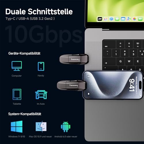 fanxiang 10X schnellere Externe SSD 512GB, bis zu 1050 MB/s, USB-C + USB-A