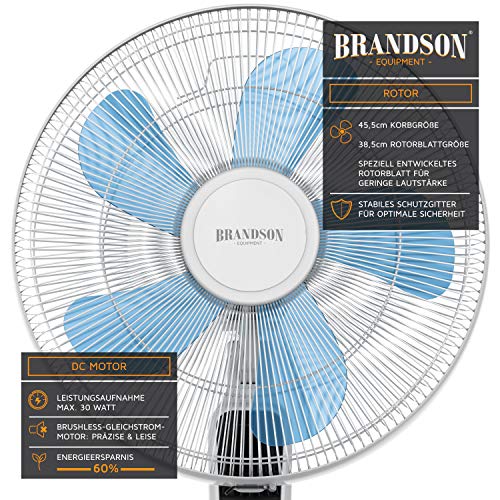 Brandson Standventilator leise, DC-Motor, Fernbedienung, 24 Stufen, Weiß | Ventilator oszillierend 80°, höhenverstellbar, Kopf 35° neigbar, Timer bis 7,5 h, 2934 m³/h, LCD-Display, für Schlafzimmer