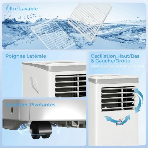 HOMCOM Mobile Klimaanlage 10000 BTU, tragbare Klimaanlage 4 in 1 Kühlung, Luftentfeuchter, Ventilator, Nachtmodus, WiFi, App & Sprache, Fernbedienung, 24H Timer, 2 Geschwindigkeiten, 30m², Klasse A