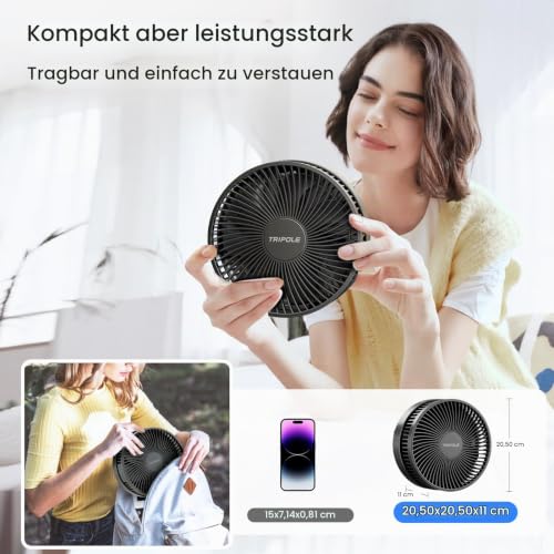 TriPole Tragbarer Standventilator mit LED-Anzeige, Akku, 28,5 Std. Laufzeit