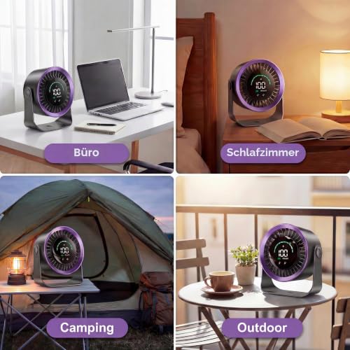 Refluxe Mini Tischventilator, Kleiner über USB Aufladbarer Leiser Ventilator, Kühlender Elektrischer Schreibtischventilator mit LED Digitalanzeige, um 360° Neigbar für Schlafzimmer, Büro und Zuhause