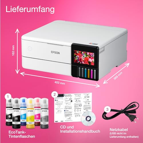 Epson EcoTank ET-8500 Tintentankdrucker | Fotodruck | 6-Farb-Tintensystem | WLAN | A4 | Drucken, Kopieren, Scannen | 10.9 cm Touchscreen | Duplexdruck | hinterer Papiereinzug