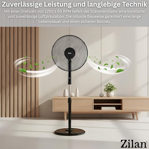 Zilan Standventilator Ø43cm leise mit Fernbedienung & Timer – 48W Leistungsstarker Ventilator energiesparend, 3 Stufen, 3 Modi, Oszillation, höhenverstellbar – für Schlafzimmer, Büro & Wohnzimmer