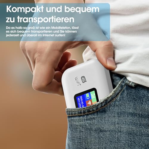 4G Mobiler WLAN Router, Tragbares WLAN für Unterwegs Ohne Vertrag, LTE Router 150 Mbps, 3000mAh Lange Akkulaufzeit, LCD Display, Mobiler Hotspot für Reisen, Camping, Hotels-Eisweiß