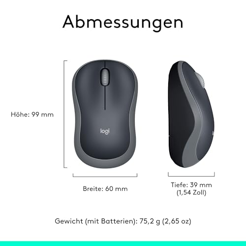 Logitech M185 Kabellose Maus, 2,4 GHz mit USB-Nano-Empfänger | 12 Monate Batterielaufzeit, 1000 DPI Optical Tracking, Für Links- und Rechtshänder, Kompatibel mit PC, Mac, Laptop - Grau