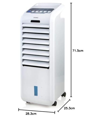 DOMO DO153A Mobiler Luftkühler - 3 in 1 (Luftkühler, Ventilator und Luftbefeuchter) - 5L Wassertank - 5 Funktionen - Bedienfeld mit LED - Inkl Fernbedienung und 2 Kühlelementen - Weiß