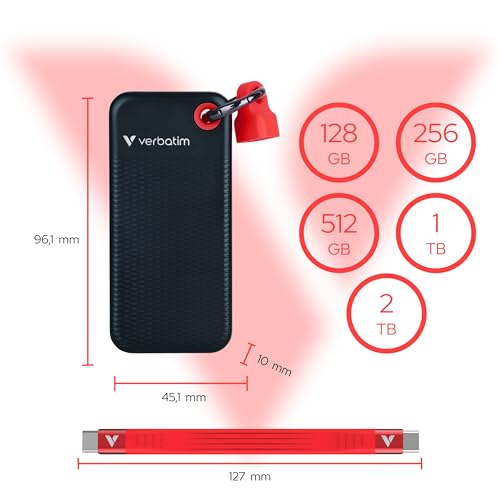 Verbatim Pocket SSD 1TB Externe SSD USB 3.2 Gen2 1000MB/s Schwarz Rot | Externe Festplatte bis 1000MB/s lesen & schreiben, USB-C Kabel und Schutzhülle für PC, Mac, Konsole und Smartphone