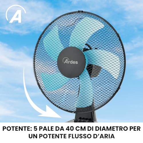 Ardes - AR5ST40N Tischventilator STEELO 40N 5 Flügel - Tischventilator 40 cm Oszillierend mit verstellbarer Neigung - Ventilator 3 Geschwindigkeiten leise, Schwarz