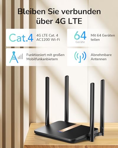 Cudy 4G LTE Cat 4 AC1200 WLAN-Router, abnehmbare Antennen, LT500D