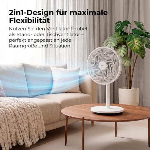 aeco AirX Flow 100 2in1 Standventilator & Tischventilator 70–116 cm Höhe | 39 dB leise Betrieb, 3 Stufen, 85° Oszillation, 7-Blatt Rotor, 55W Leistung, ideal für Schlafzimmer Büro Wohnzimmer