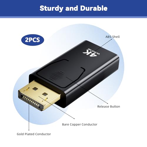 Amicably Displayport auf HDMI Adapter 2 Stück, 4K@30Hz/2K@60Hz/1080P@120Hz HDMI auf Displayport Adapter mit Laptop, Projektor, Monitor, TV, AMD, GPU