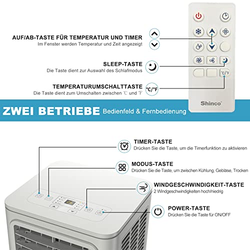 SHINCO 7000 BTU Mobiles Klimagerät(2,05kW), Kühlen&Ventilieren&Entfeuchten, Raumgröße bis 54m³(18㎡), Mobile Klimaanlage mit Abluftschlauch und Ablaufschlauch, Schlafmodus