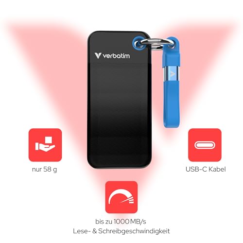 Verbatim Pocket SSD 1TB Externe SSD USB 3.2 Gen2 1000MB/s Schwarz Grau | Externe Festplatte bis 1000MB/s lesen & schreiben, USB-C Kabel und Schutzhülle für PC, Mac, Konsole, Smartphone
