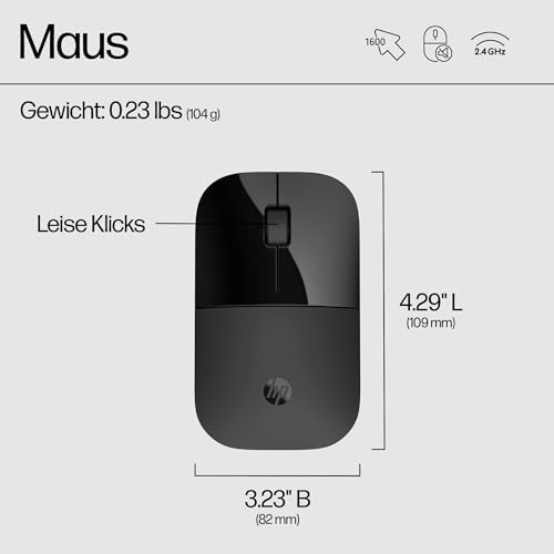 HP Z3700 kabellose Maus | 1200 optische Sensoren | bis zu 16 Monate Batterielaufzeit | 2.4 GHz oder Bluetooth Verbindung | Plug&Play | Schwarz