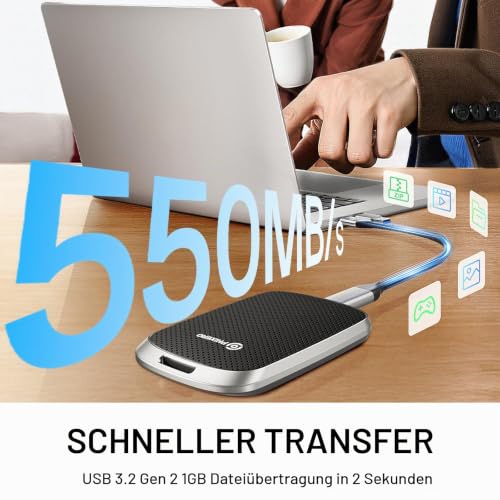 PHIXERO Tragbare Extern SSD 2TB Bis zu 550MB/s, USB 3.2 Gen 2 USB C to C&A for Smartphone/Tablet/PC/Laptop/Kamera (Schwarz)