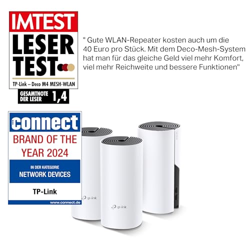 TP-Link Deco M4 Mesh WLAN Set (3er Pack), AC1200 Dual Band Router & Repeater, 2X Gigabit Ports für Jede Einheit, empfohlen für Häuser mit 3-5 Schlafzimmern, Umfassender Jugendschutz