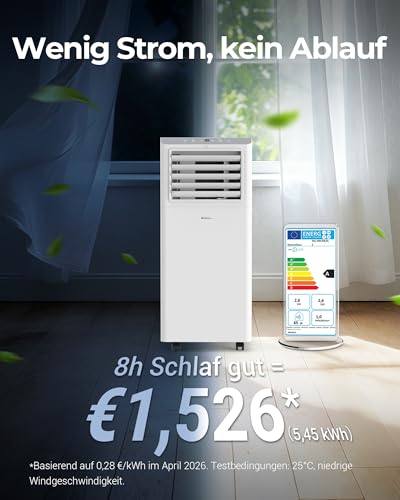 Mobile Klimaanlage 9000 BTU, Klimaanlage Mobil mit Abluftschlauch, Mobiles Klimagerät leise 65dB, mit Timer