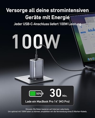 Anker Prime 100W USB C Ladegerät, 3 Port GaN Schnellladegerät | Faltbar & kompakt, für MacBook, iPad, iPhone 17/16/15 Serie, Galaxy S24/S23 und mehr