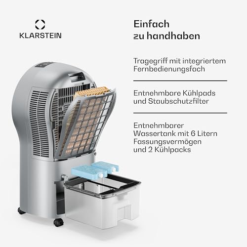 Klarstein Luftkühler mit Wasserkühlung, Verdunstungskühler, 6L Tank, 320 m³/h, Timer & Fernbedienung, tragbares Kühlgerät für Räume & Schlafzimmer, Silber