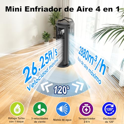 Mobile Klimaanlage – Mini Klimaanlage mit Kühl- und Befeuchtungsfunktion, Wassernebel-Technologie, 4 einstellbare Timer-Stufen, 120° schwenkbarer Luftauslass, für Zuhause, Büro, Schlafzimmer,Schwarz