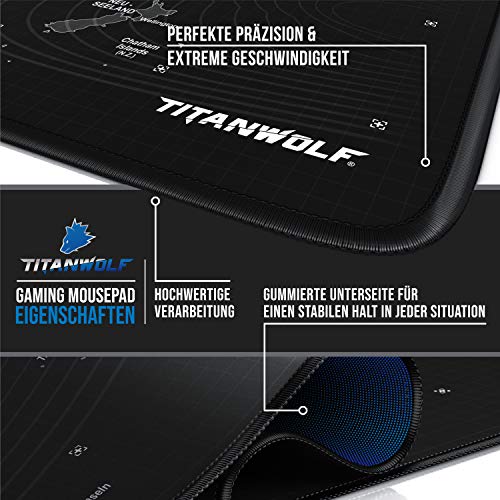 TITANWOLF - DEUTSCHES Layout - Titanwolf XXL Gaming Mauspad 900x400x3 mm - Schreibtischunterlage Gross - XXL Mousepad Gaming und Office - Weltkarte schwarz