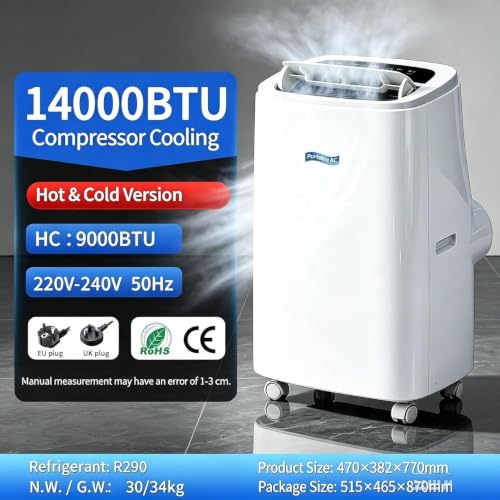12000 BTU Mobile Klimagerät, Kühlung nur freistehend tragbar, mit Rollen, kompakte Raumklimaanlage für Wohnzimmer & Büro, Weiß, B+Hot & Cold 14000 BTU, B+Hot & Cold 14000 BTU